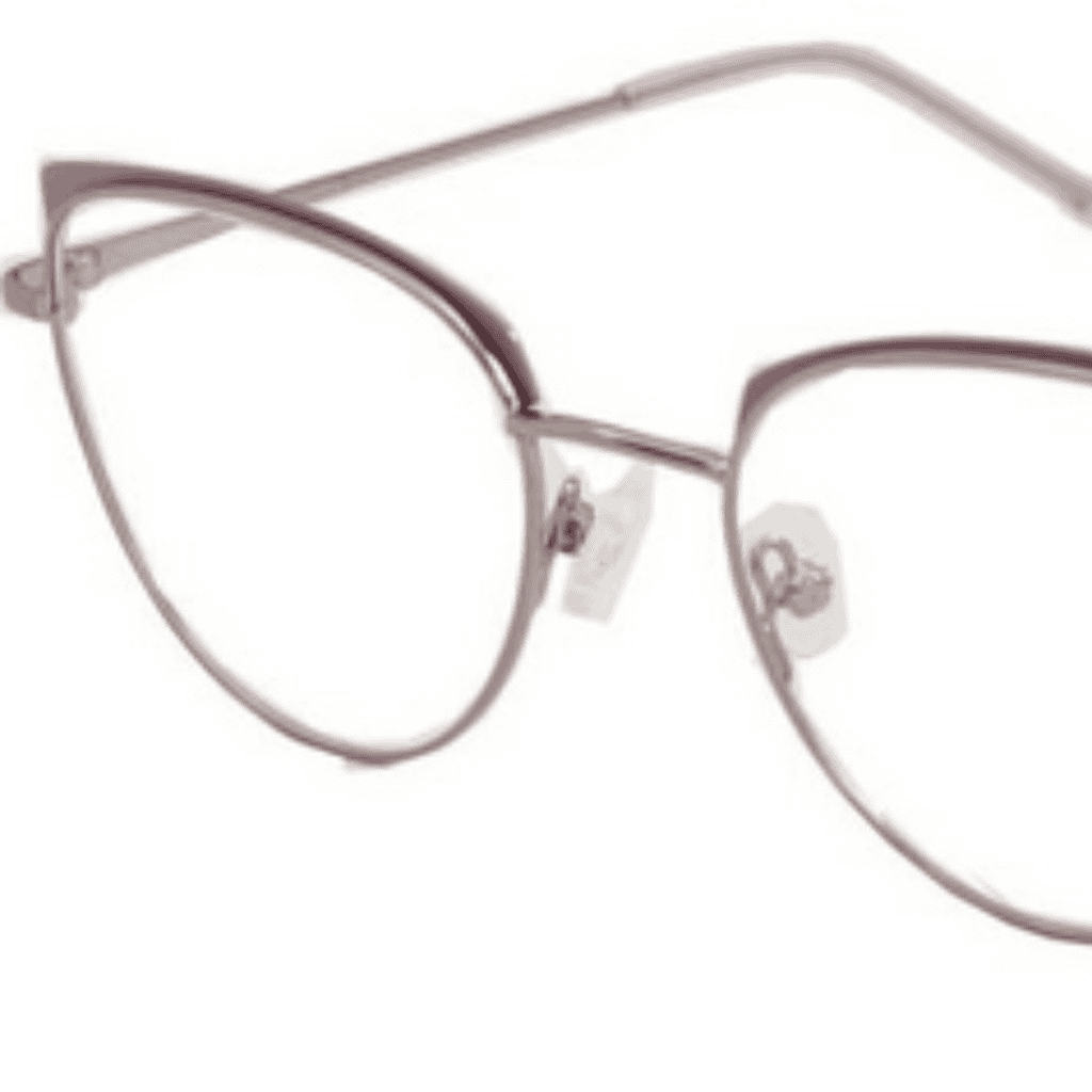 A pair of thin-framed, cat-eye style eyeglasses with clear lenses and adjustable nose pads, shown on a white background.