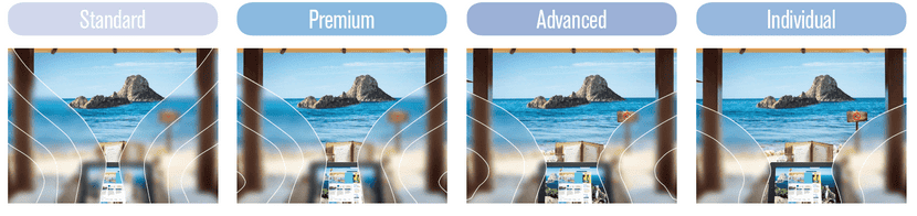 Comparison image showing four types of screen visibility: Standard, Premium, Advanced, and Individual, each depicting a different level of privacy shielding when viewed from the side.